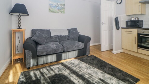 A compact living space with a sofa, a small table with a lamp, a kitchen area with a microwave, and a painting on the wall. - Devon Seaside Apartment (Paignton)