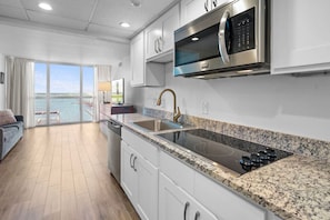 A modern kitchen with a stainless steel microwave, a granite countertop, and a view to the outside. - Modern Cozy Apartment in Downtown Fort Myers (Fort Myers)