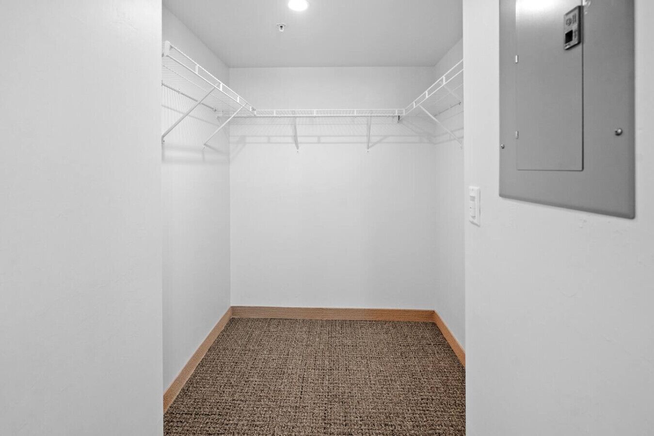 Een kleine, lege kamer met witte wanden, een vloerbedekking, een metalen kast met een handgreep en een plafondlamp.