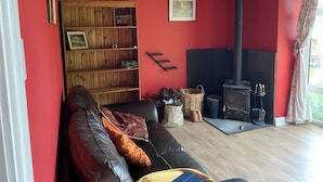 Ein Wohnzimmer mit roter Wand, einer schwarzen Couch, einem Holzregal, einem Kamin und einem Fenster mit Vorhängen.