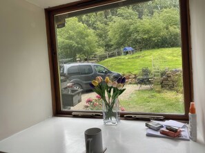 Ein Fenster mit Blick auf eine Rasenfläche, ein geparktes Fahrzeug und eine blaue Struktur.
