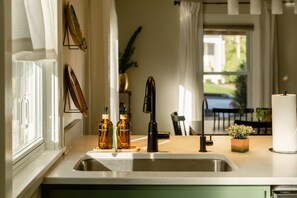 Una cocina con un lavamanos, dos botellas de jabón para manos, un grifo negro y una planta en maceta sobre la encimera.
