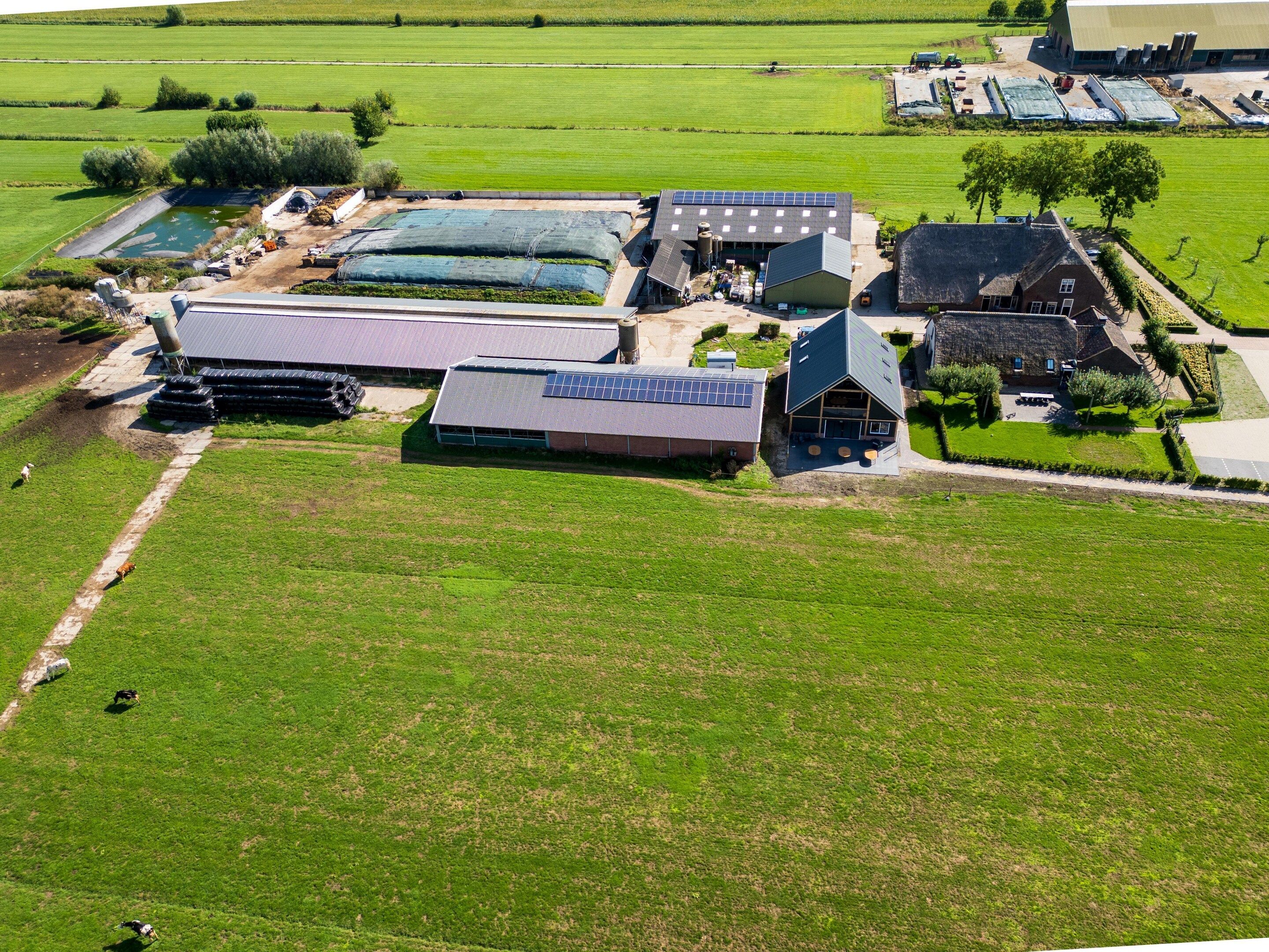 An aerial view of a farm with solar panels, a barn, and open fields.