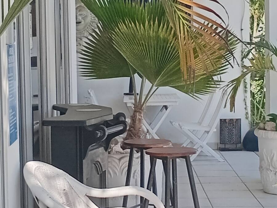 Une chaise blanche, une petite table, une plante en pot et une lampe fixée au mur.