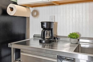 A kitchen with a coffee maker, a roll of paper towels, a potted plant, and a stainless steel sink.