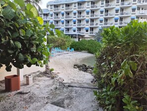 A beachfront hotel with a sandy path leading to the water, surrounded by greenery and blue chairs. - Galleon Resort, Private Beach, Tiki Bar, Pool (Key West)