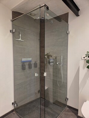 Shower, towels, soap, toilet paper