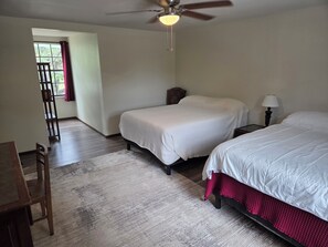 Ein Schlafzimmer mit zwei Betten, einem Deckenventilator, einem Nachttisch mit Lampe, einem Holzstuhl und einem Fenster mit Blick auf Grünflächen.