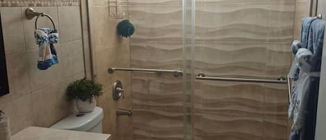 Hair dryer, towels, soap, toilet paper