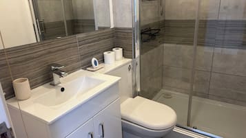 Shower, towels, toilet paper