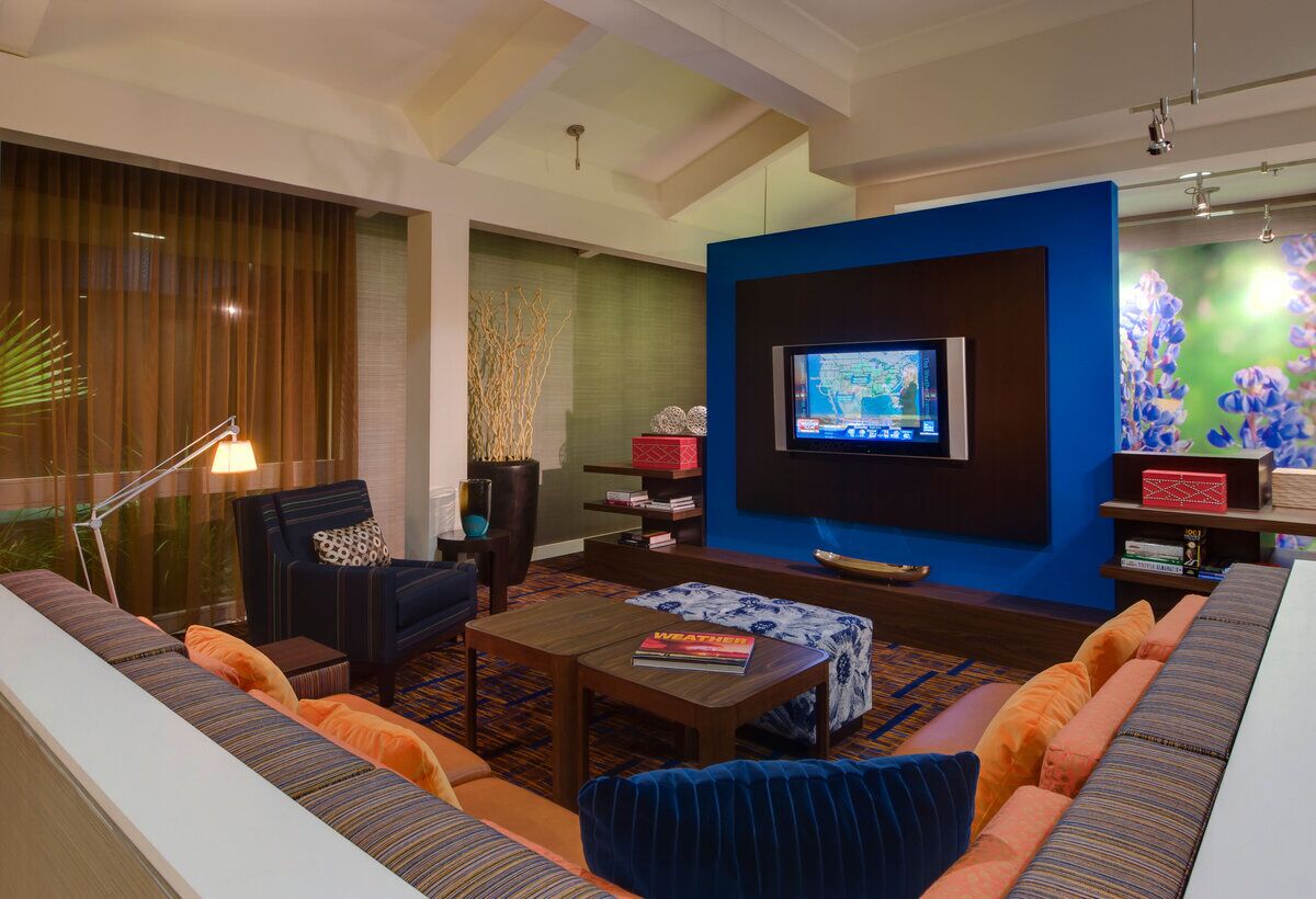 Una sala de estar moderna con un televisor de pantalla plana grande montado en una pared azul decorativa, un sofá cómodo, una mesa de centro y una planta ornamental.