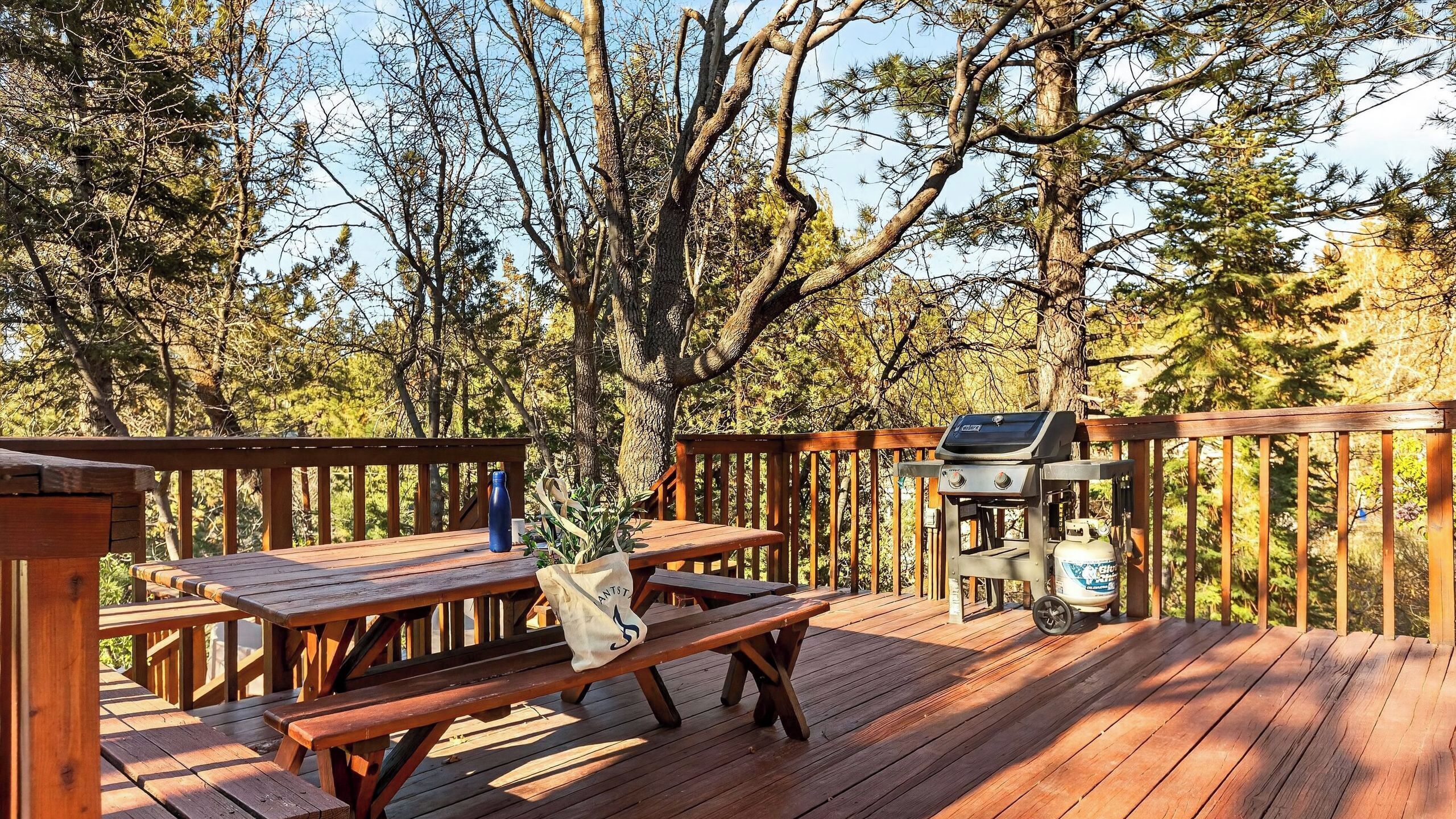 Una terraza de madera con mesas de picnic y una parrilla.