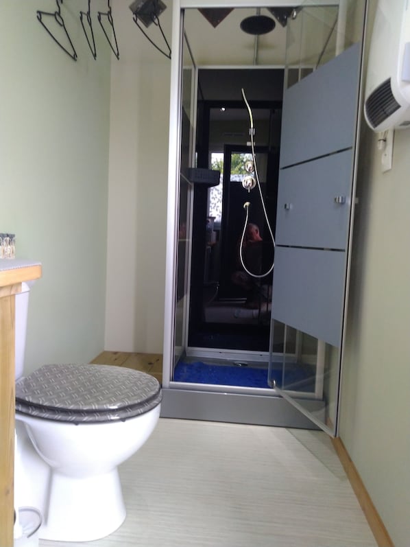 Hair dryer, towels, soap, toilet paper