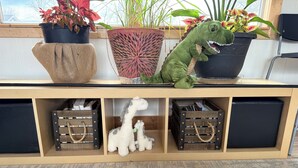 A wooden console table with potted plants, a stuffed dinosaur toy, and storage boxes. - Cozy home Near all desirable locations; border of Lexington and Nicholasville (Nicholasville)