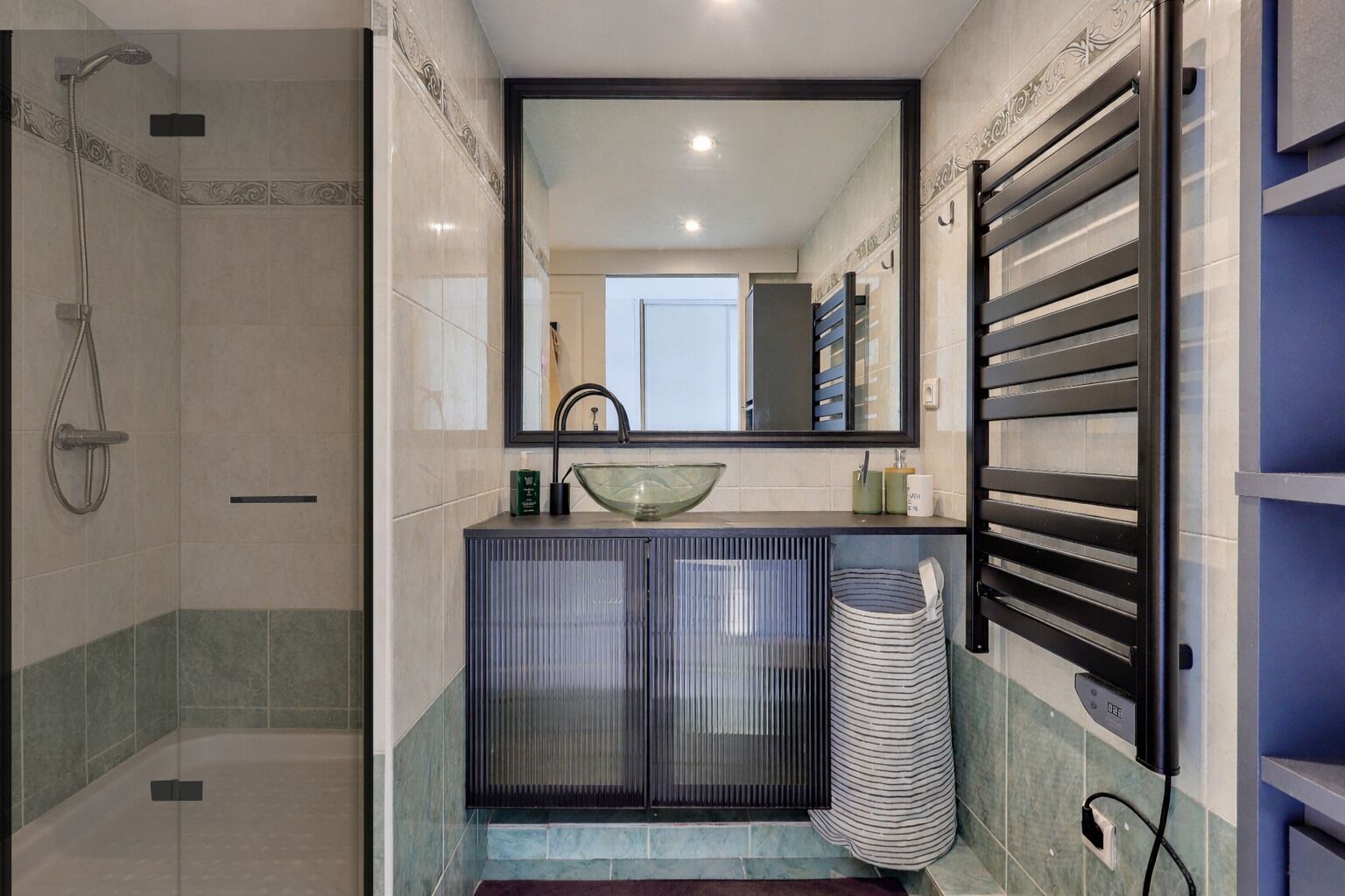 Shower, hair dryer, bidet, towels