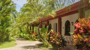 A pathway leading to a building with a red roof and arched windows, surrounded by lush tropical vegetation. - Stunning Suite 104 Walking Distance to the Beach (Savegre)