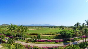 Ein Golfplatz mit Palmen und blauem Himmel.