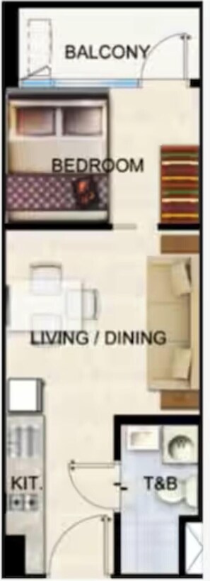 A floor plan with a balcony, bedroom, living/dining area, kitchen, and bathroom. - Cozy 1-bedroom condo in perfect Pasay City with AC (Pasay City)