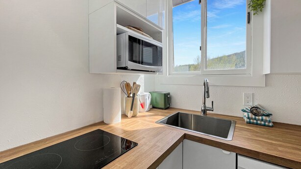 A modern kitchen with a built-in microwave, a stainless steel sink, and a wooden countertop.