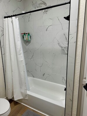 Hair dryer, towels, soap, toilet paper