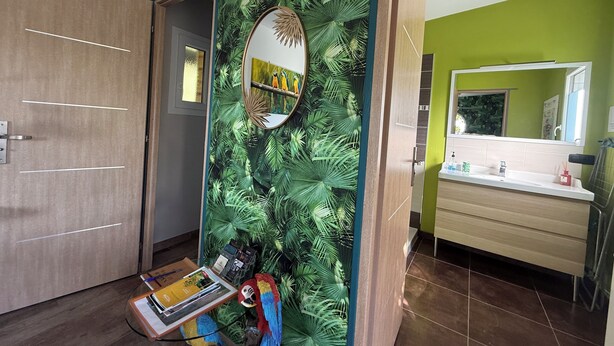 A bathroom with a green wall, a wooden door, a mirror, and a tiled floor.