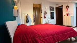 Een slaapkamer met een bed, een kledingkast, een spiegel en een deur.