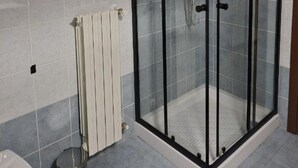 Een douchecabine met glazen deur, een toilet en een handdoekradiator in een badkamer.