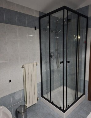 Ein Duschbereich mit Glastür, eine Toilette und ein Handtuchwärmer in einem Badezimmer.