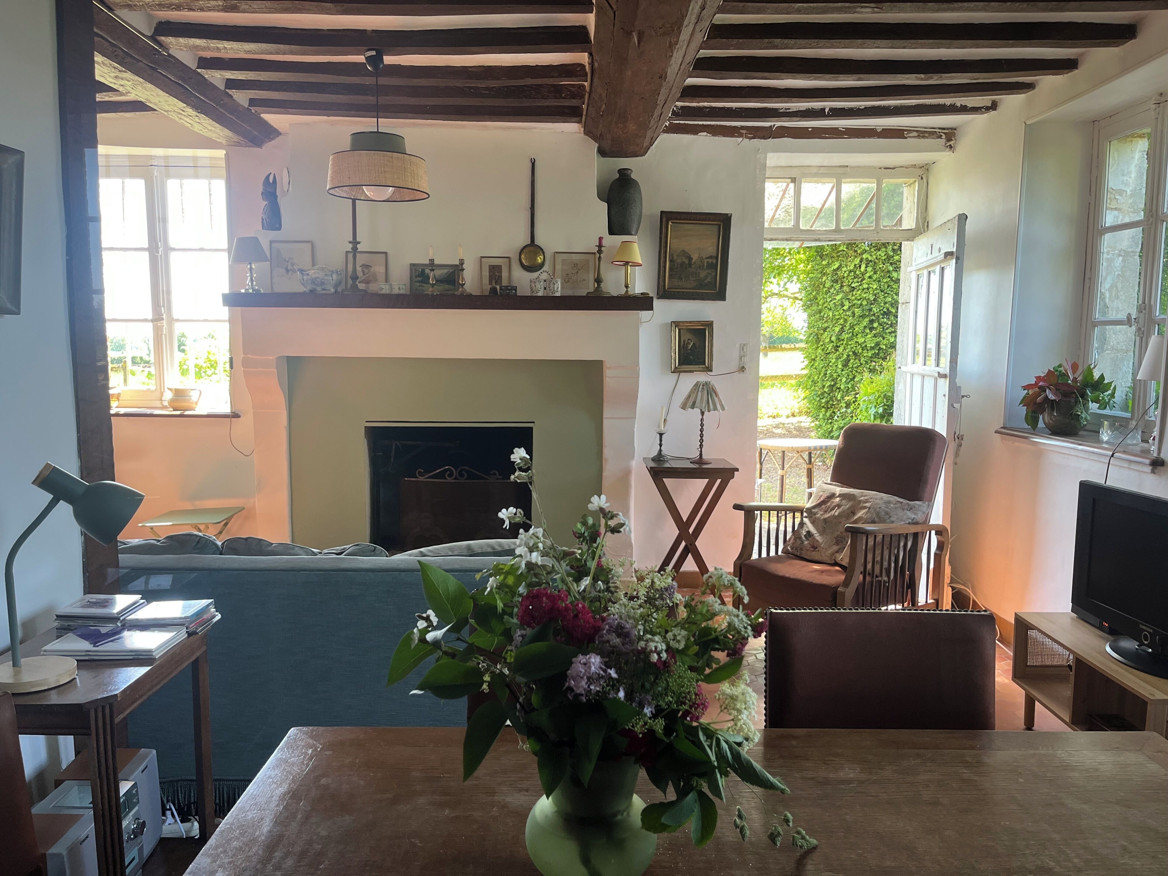 TV, fireplace, books