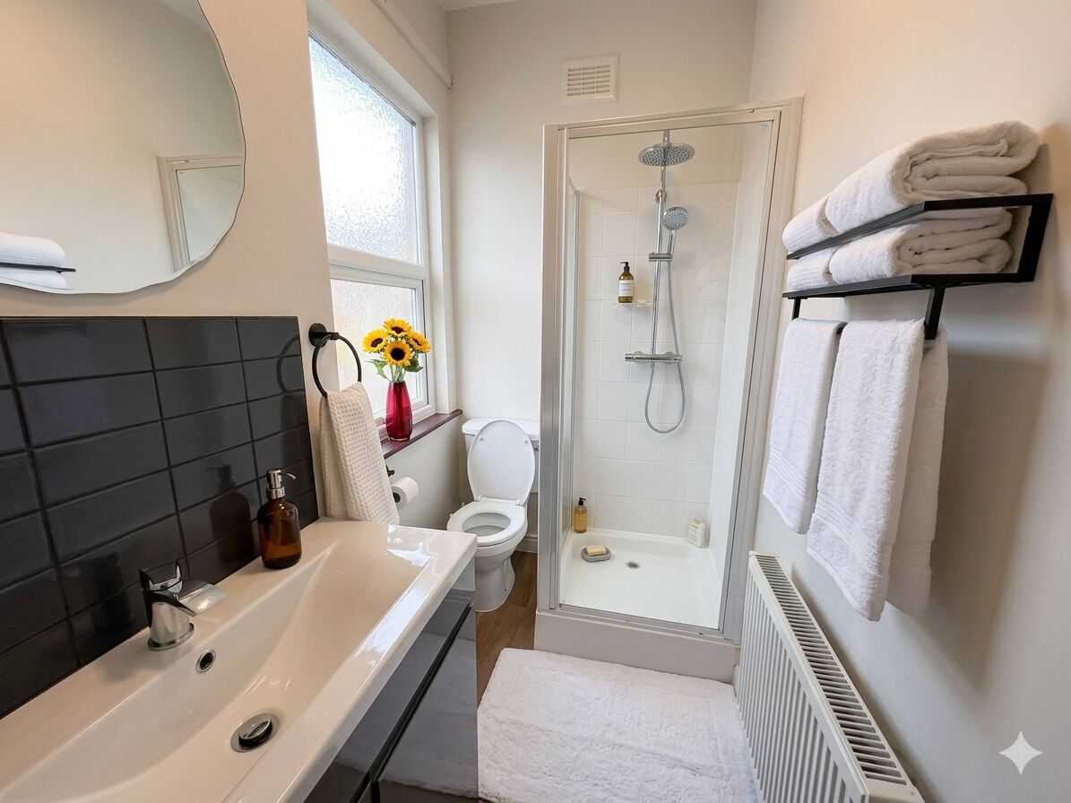 Shower, hair dryer, towels, soap