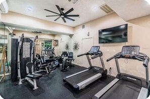 Et træningscenter med løbebånd, styrkemaskiner og en ventilator i loftet.