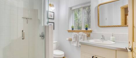 A bathroom with a glass shower enclosure, a toilet, a sink with a mirror, and a window with plants.