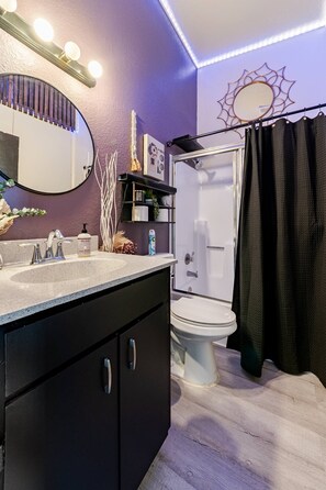 Hair dryer, towels, soap, toilet paper