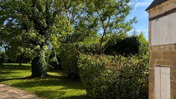 Een grindpad dat leidt naar een gebouw met een stenen gevel, omringd door weelderige begroeiing en bomen.