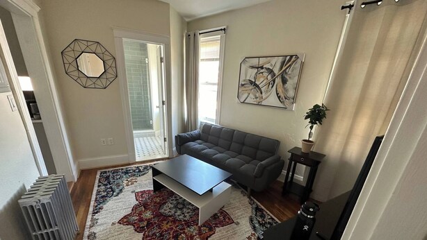 A living room with a gray sofa, a coffee table, a patterned rug, a radiator, a door leading to a balcony, and a painting on the wall. - Fully private 1bed apt brookline (Brookline)