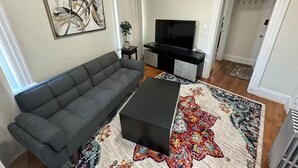 A living room with a gray sofa, a black coffee table, a TV on a black stand, a colorful rug, and a painting on the wall. - Fully private 1bed apt brookline (Brookline)