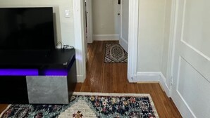 A living room with a flat-screen TV, a patterned rug, and a hallway leading to a door. - Fully private 1bed apt brookline (Brookline)