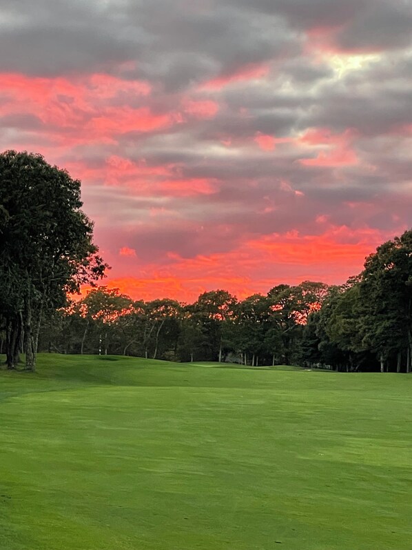 A golf course with a clear sky and trees.
