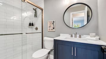 Hair dryer, towels, soap, toilet paper
