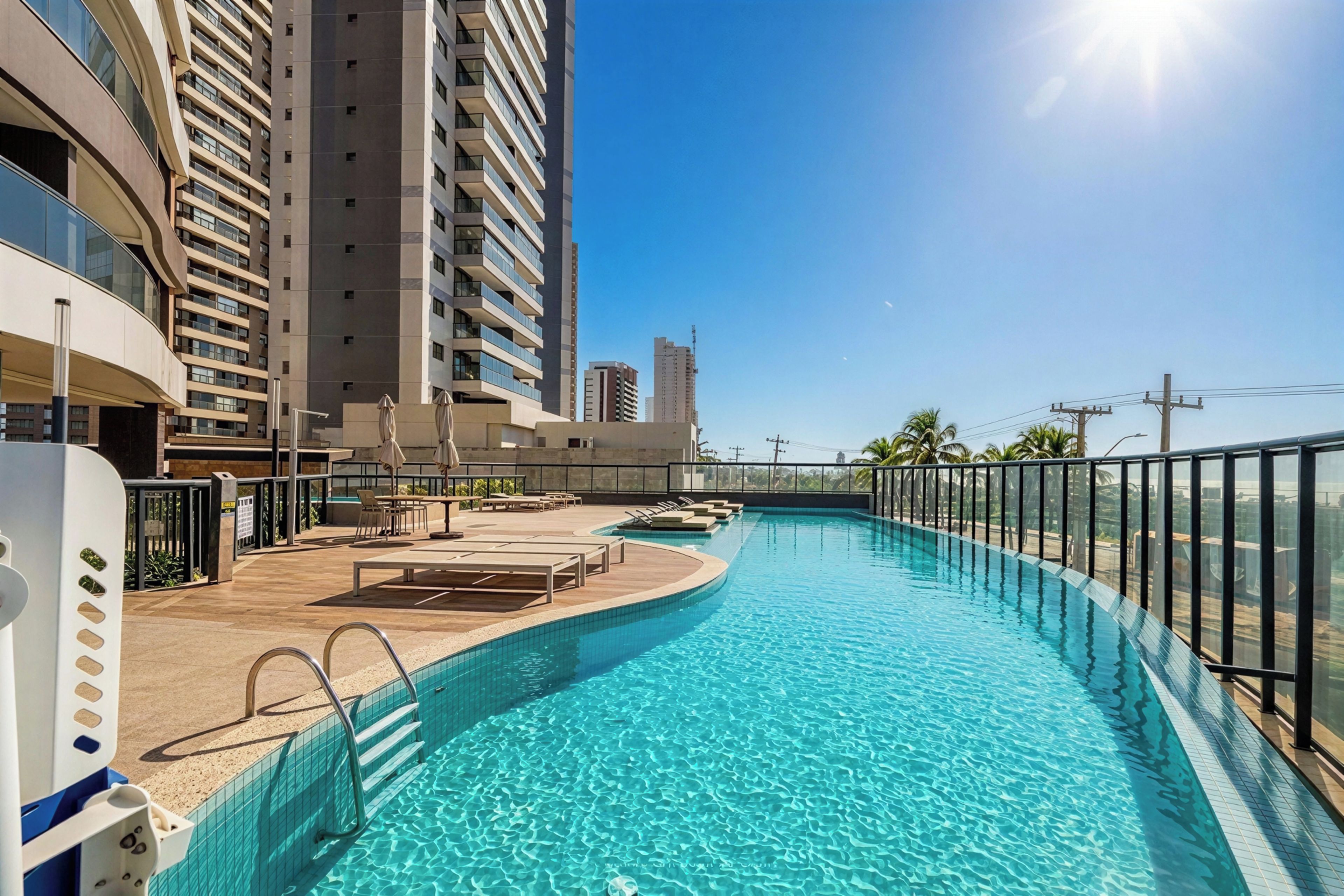 Piscina com superfície de água azul cristalina, rodeada por um espaço de deck com espreguiçadeiras e guarda-sóis, e adjacente a edifícios altos.
