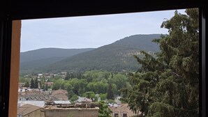 A view through a window of a residential area with houses, trees, and a hill in the background. - Hostal La Cigüeña (El Espinar)