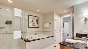 Shower, hair dryer, towels, shampoo - MGM Signature-14-801 1Br2Ba F1 Strip View Balcony (Las Vegas)