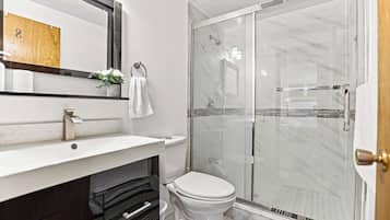 Hair dryer, towels, soap, toilet paper