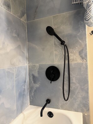 Hair dryer, towels, soap, toilet paper