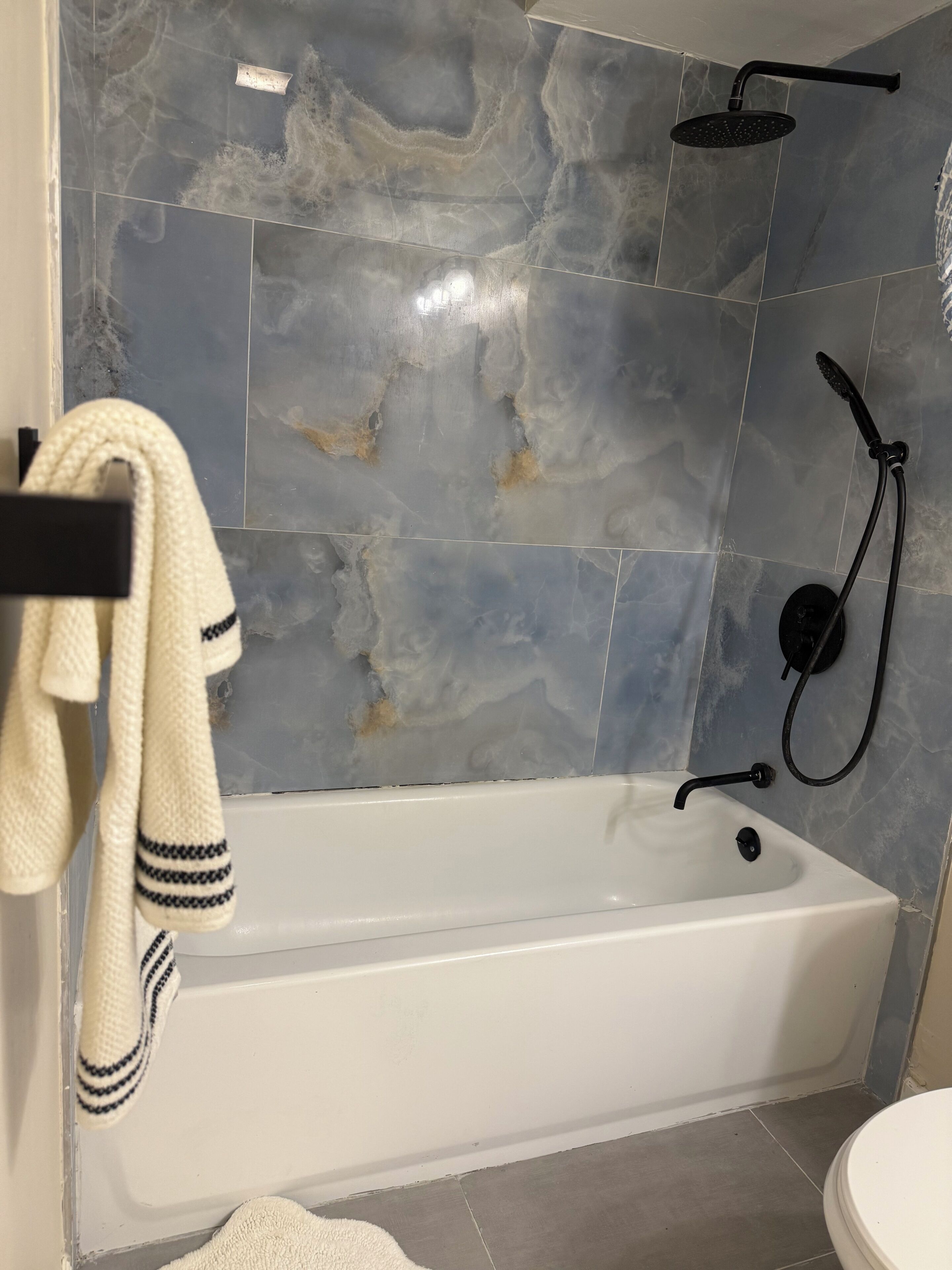 Hair dryer, towels, soap, toilet paper