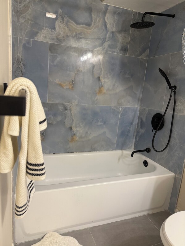 Hair dryer, towels, soap, toilet paper