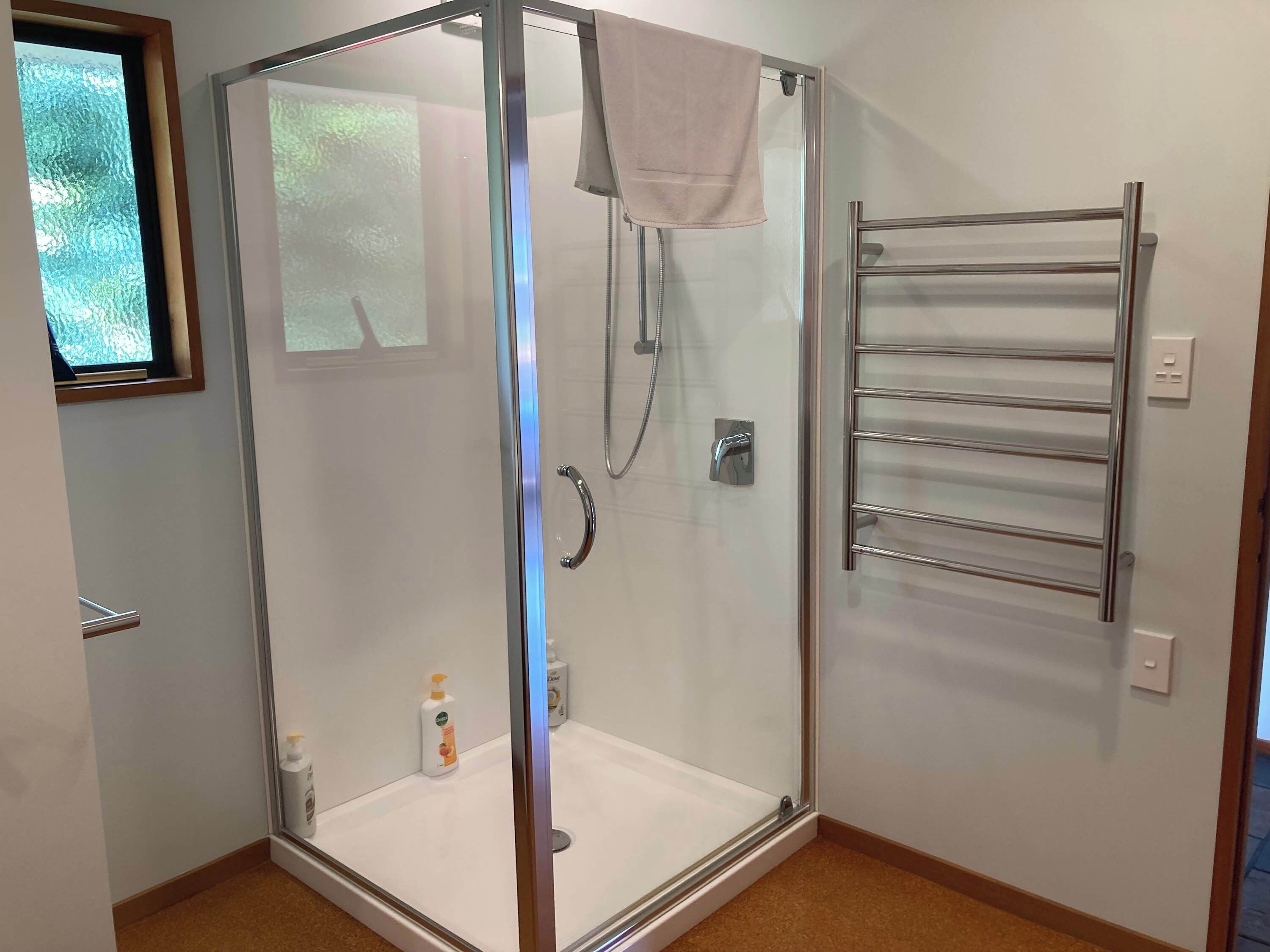 Shower, hair dryer, towels, shampoo