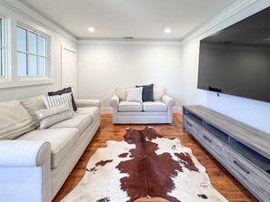 Smart TV, fireplace, books