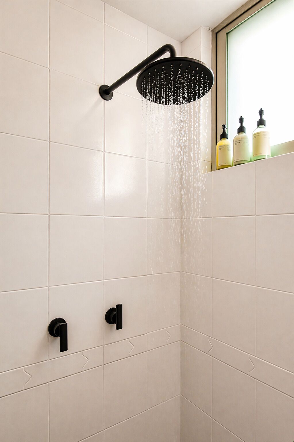 Une douche dotée d’un pommeau incurvé, de deux robinets noirs et d’une étagère sur laquelle sont posées trois bouteilles.