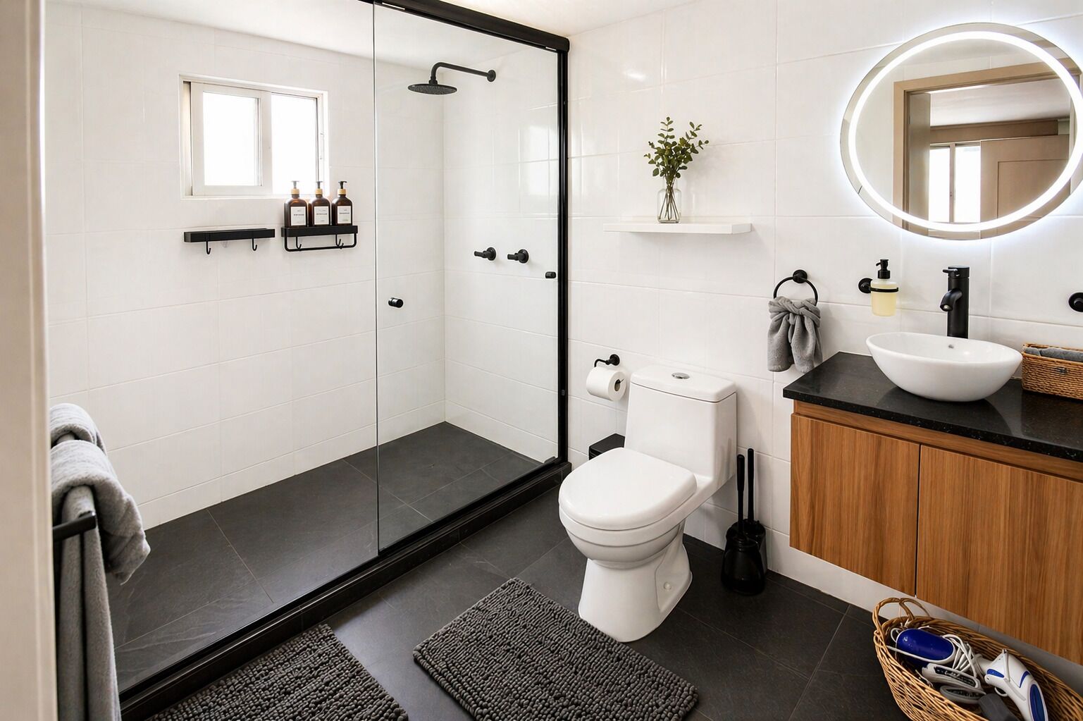 Shower, hair dryer, towels